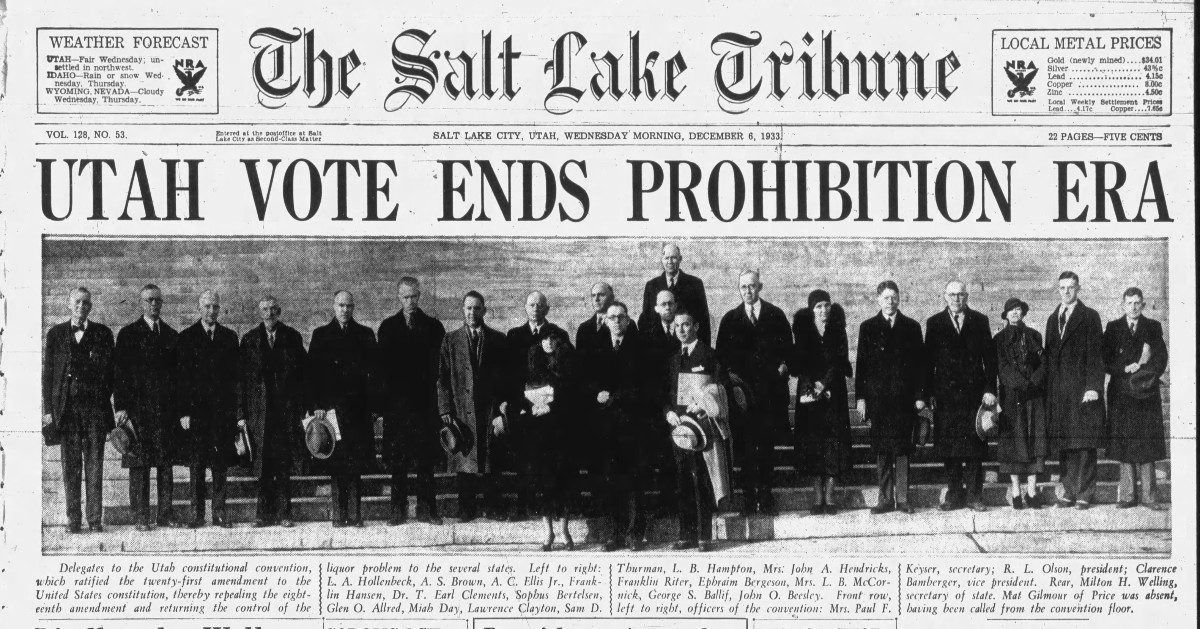 Front page of The Salt Lake Tribune dated December 6, 1933, with the headline 'Utah Vote Ends Prohibition Era' and a group photograph of delegates to the Utah constitutional convention.